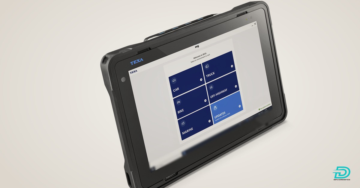 TEXA IDC6 for school training programs TEXA AXONE tablet showing the IDC6 home screen with Car, Truck, Off-Highway, Bike and Marine
