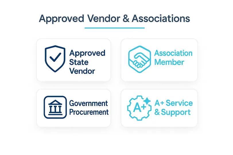 Defy Diagnostics trust badges for approved state vendor, association membership, government procurement, and A+ support.