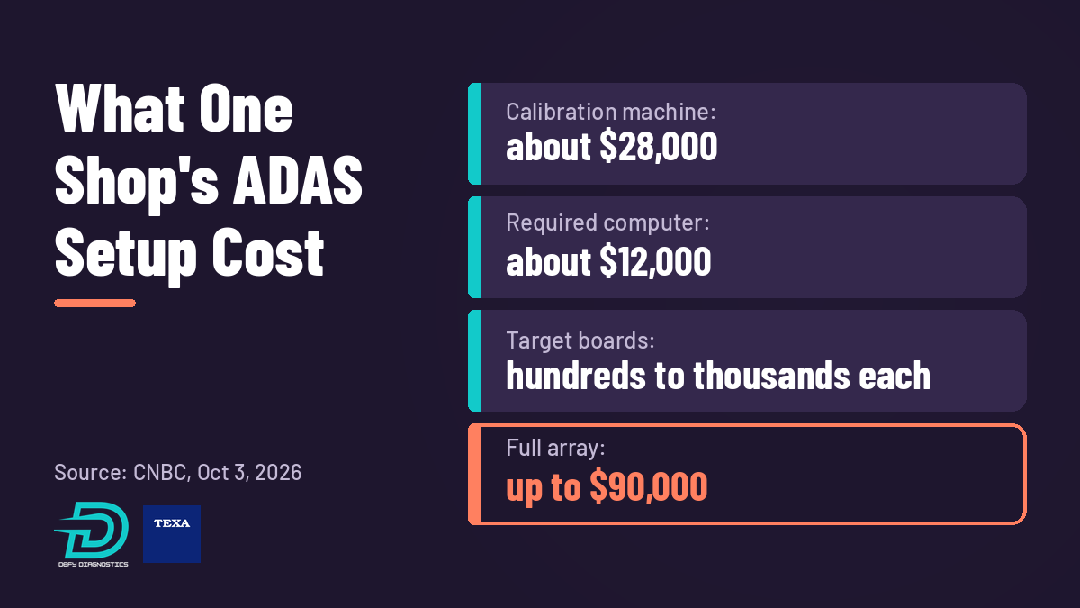 Graphic titled What One Shop's ADAS Setup Cost listing calibration machine about $28,000, required computer about $12,000, target boards hundreds to thousands each, and full array up to $90,000. Source: CNBC, Oct 3, 2026.