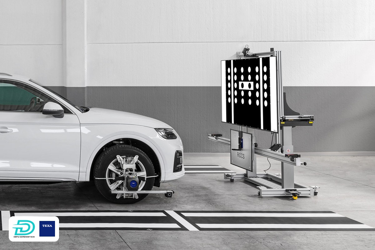 TEXA RCCS3 EVO ADAS calibration frame with its large monitor displaying a calibration target in front of a white SUV fitted with wheel clamps.