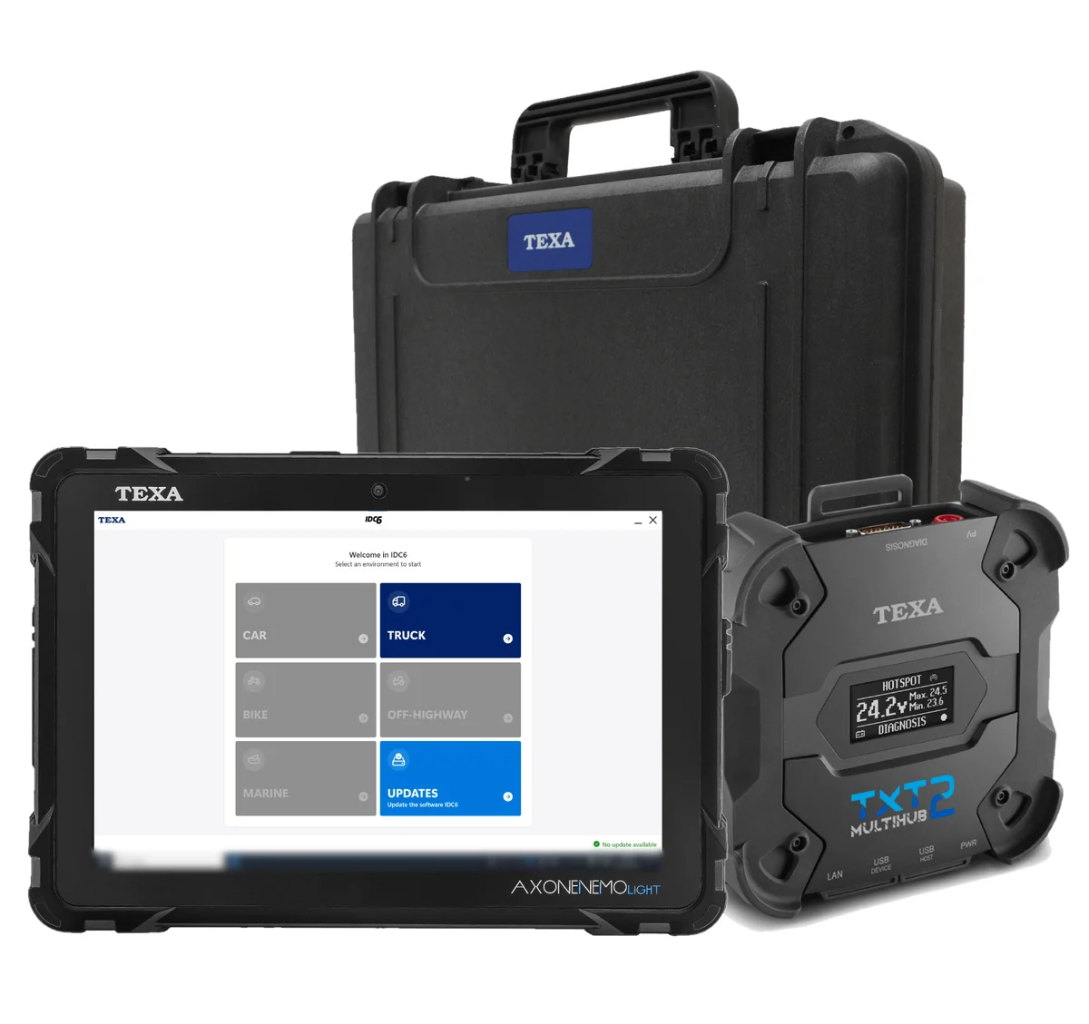 TEXA Axone Nemo Light tablet with IDC6 home screen, Navigator TXT Multihub 2 interface and rugged carrying case