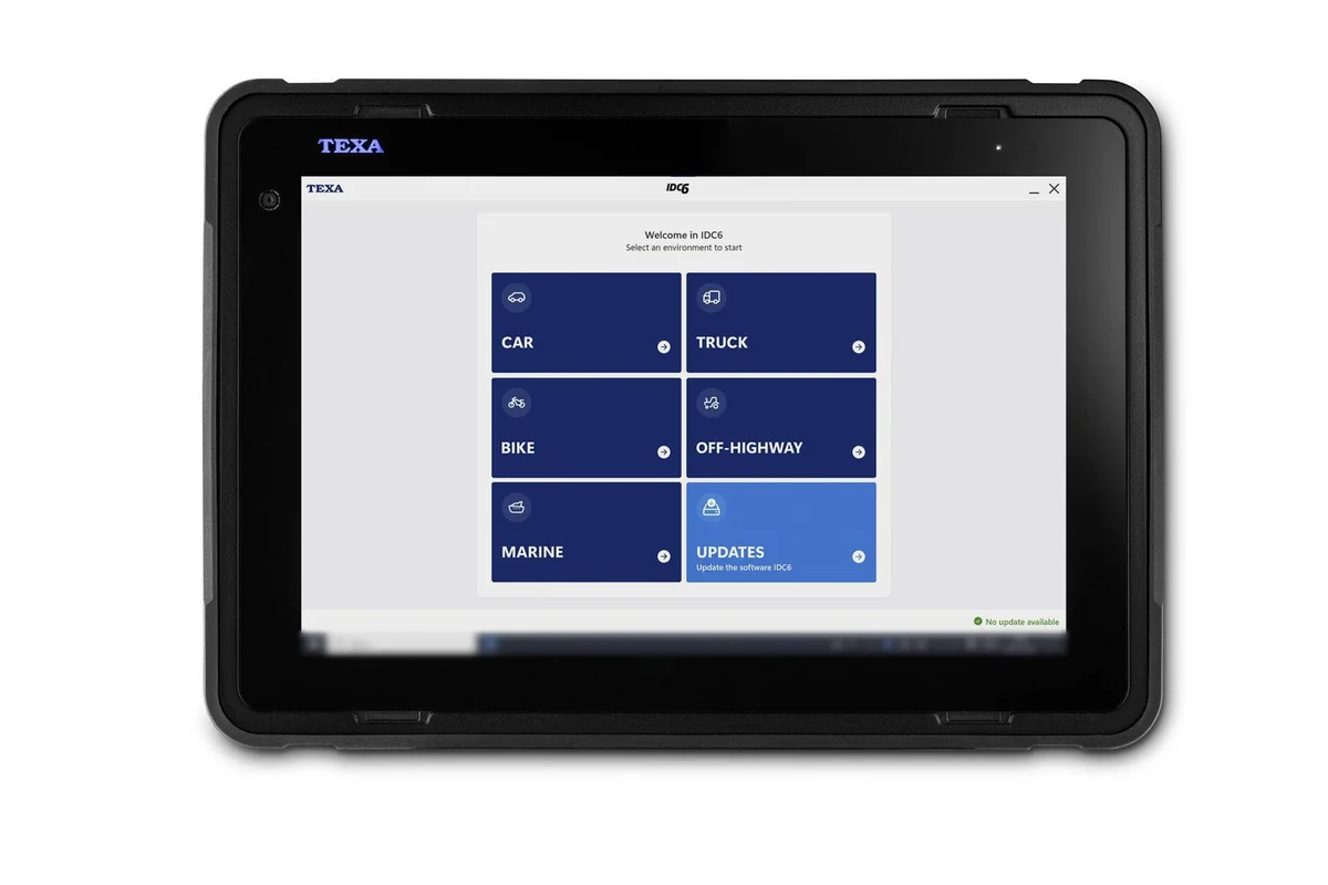 TEXA Axone Voice tablet displaying the IDC6 home screen with all five environments