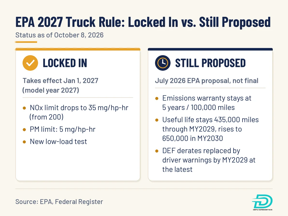 Comparison chart of the EPA 2027 truck rule as of October 8, 2026: locked in for model year 2027 are a NOx limit of 35 mg/hp-hr (down from 200), a PM limit of 5 mg/hp-hr, and a new low-load test, while the July 2026 EPA proposal, not yet final, would keep the emissions warranty at 5 years / 100,000 miles, keep useful life at 435,000 miles through MY2029 before rising to 650,000 in MY2030, and replace DEF derates with driver warnings by MY2029 at the latest.
