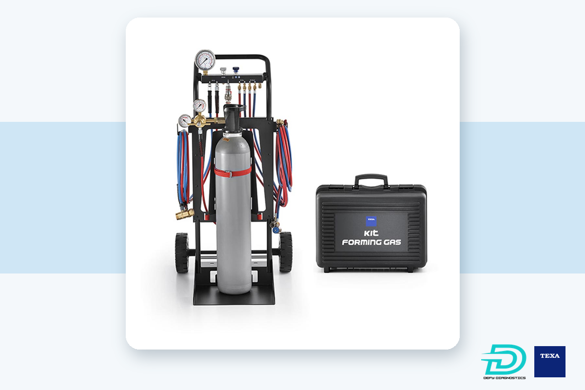 TEXA Konfort Forming Gas Kit: a gas cylinder on a cart with pressure gauges, regulator and red and blue hoses, next to its black carrying case.