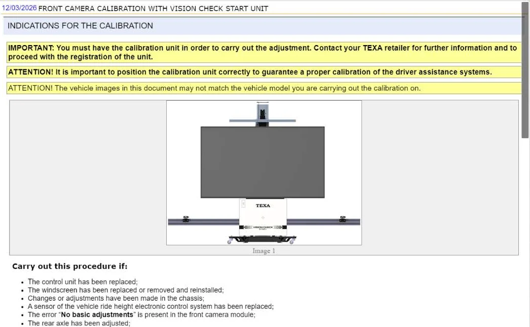 IDC6 Car 2026.09 front camera calibration procedure with the VISION CHECK START unit, showing calibration indications and when to carry out the procedure