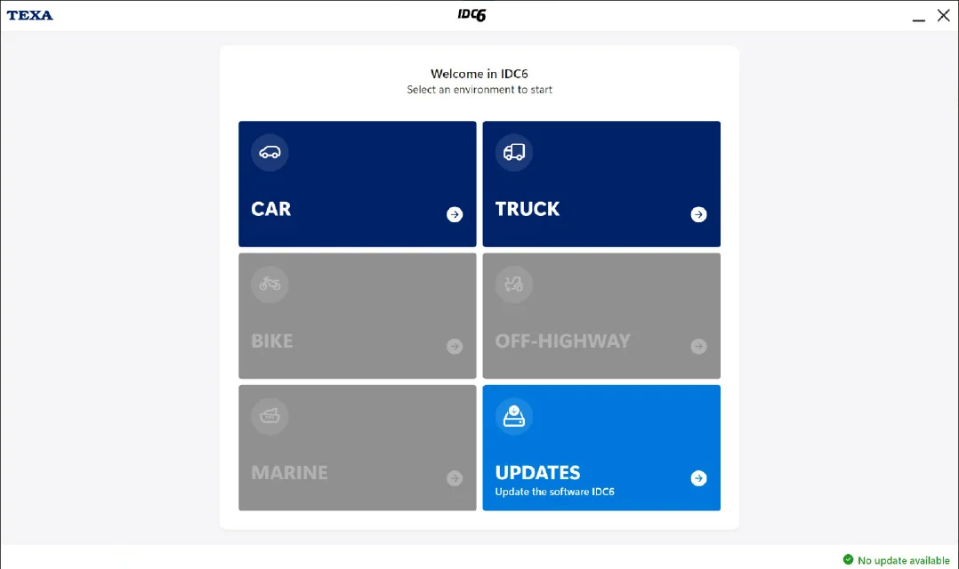 TEXA IDC6 home screen: Welcome in IDC6, select an environment to start, with Car, Truck, Bike, Off-Highway, Marine and Updates tiles