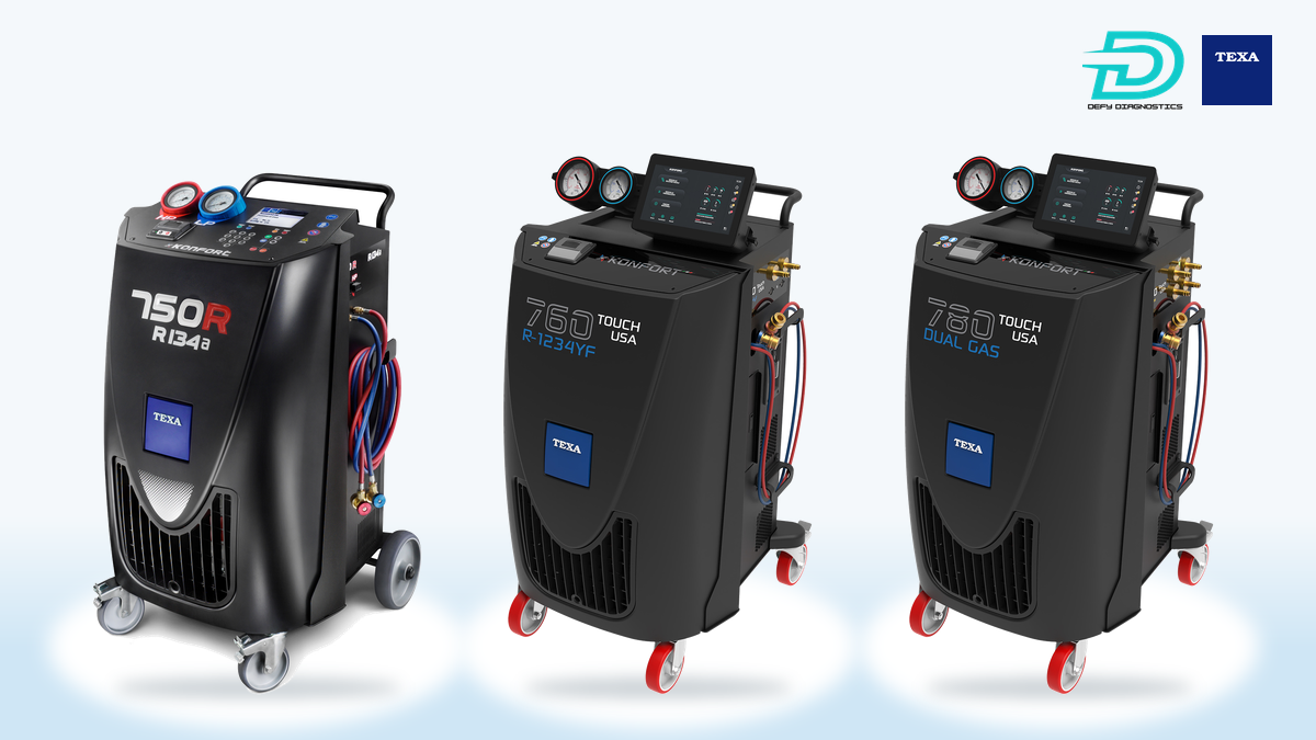 TEXA KONFORT A/C service machines side by side: the 750R, the 760 Touch and the 780 Touch, each with its display powered on.